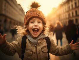 niño disfruta un sin prisa paseo mediante el vibrante ciudad calles ai generativo foto