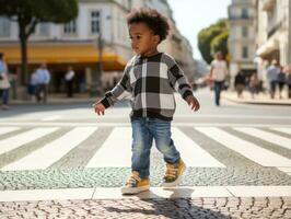 Kid enjoys a leisurely stroll through the vibrant city streets AI Generative photo