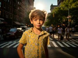 niño disfruta un sin prisa paseo mediante el vibrante ciudad calles ai generativo foto