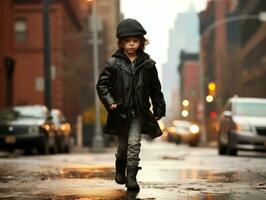 niño disfruta un sin prisa paseo mediante el vibrante ciudad calles ai generativo foto