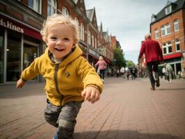 Kid enjoys a leisurely stroll through the vibrant city streets AI Generative photo