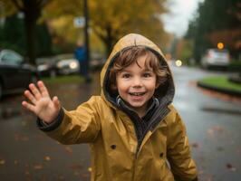 niño disfruta un sin prisa paseo mediante el vibrante ciudad calles ai generativo foto