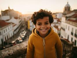 Kid enjoys a leisurely stroll through the vibrant city streets AI Generative photo