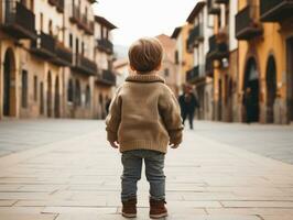 Kid enjoys a leisurely stroll through the vibrant city streets AI Generative photo