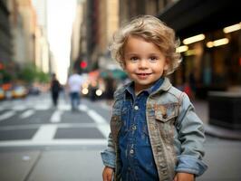 Kid enjoys a leisurely stroll through the vibrant city streets AI Generative photo