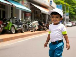 Kid enjoys a leisurely stroll through the vibrant city streets AI Generative photo