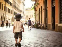 niño disfruta un sin prisa paseo mediante el vibrante ciudad calles ai generativo foto