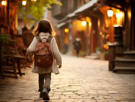 niño disfruta un sin prisa paseo mediante el vibrante ciudad calles ai generativo foto