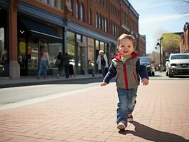 Kid enjoys a leisurely stroll through the vibrant city streets AI Generative photo