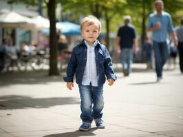 Kid enjoys a leisurely stroll through the vibrant city streets AI Generative photo