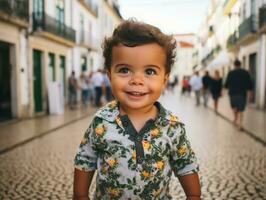 niño disfruta un sin prisa paseo mediante el vibrante ciudad calles ai generativo foto