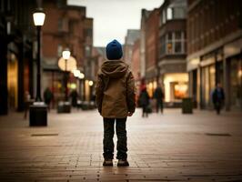 niño disfruta un sin prisa paseo mediante el vibrante ciudad calles ai generativo foto