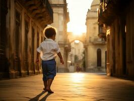 niño disfruta un sin prisa paseo mediante el vibrante ciudad calles ai generativo foto