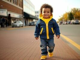 Kid enjoys a leisurely stroll through the vibrant city streets AI Generative photo