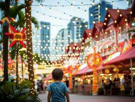 Kid enjoys a leisurely stroll through the vibrant city streets AI Generative photo