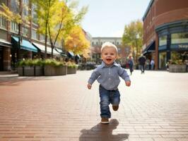 Kid enjoys a leisurely stroll through the vibrant city streets AI Generative photo