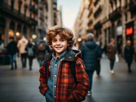 Kid enjoys a leisurely stroll through the vibrant city streets AI Generative photo