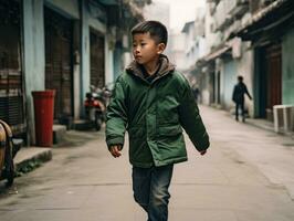 niño disfruta un sin prisa paseo mediante el vibrante ciudad calles ai generativo foto