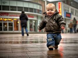 niño disfruta un sin prisa paseo mediante el vibrante ciudad calles ai generativo foto