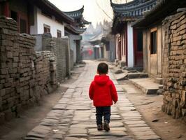 Kid enjoys a leisurely stroll through the vibrant city streets AI Generative photo