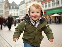 Kid enjoys a leisurely stroll through the vibrant city streets AI Generative photo