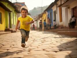 niño disfruta un sin prisa paseo mediante el vibrante ciudad calles ai generativo foto