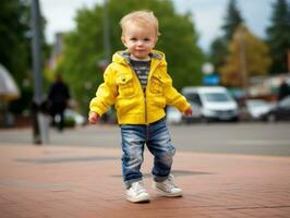 Kid enjoys a leisurely stroll through the vibrant city streets AI Generative photo