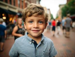 niño disfruta un sin prisa paseo mediante el vibrante ciudad calles ai generativo foto