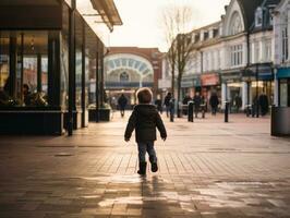 Kid enjoys a leisurely stroll through the vibrant city streets AI Generative photo