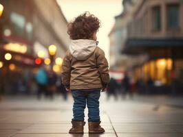 Kid enjoys a leisurely stroll through the vibrant city streets AI Generative photo