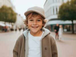 Kid enjoys a leisurely stroll through the vibrant city streets AI Generative photo