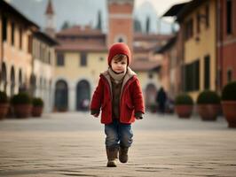 niño disfruta un sin prisa paseo mediante el vibrante ciudad calles ai generativo foto