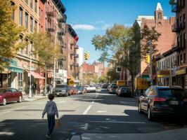 Kid enjoys a leisurely stroll through the vibrant city streets AI Generative photo