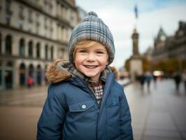 Kid enjoys a leisurely stroll through the vibrant city streets AI Generative photo