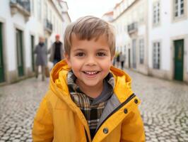 Kid enjoys a leisurely stroll through the vibrant city streets AI Generative photo