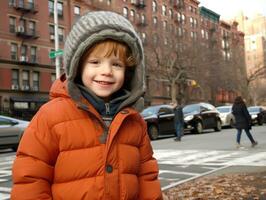 Kid enjoys a leisurely stroll through the vibrant city streets AI Generative photo