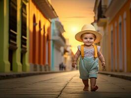 niño disfruta un sin prisa paseo mediante el vibrante ciudad calles ai generativo foto