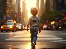 Kid enjoys a leisurely stroll through the vibrant city streets AI Generative photo