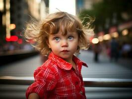 niño disfruta un sin prisa paseo mediante el vibrante ciudad calles ai generativo foto