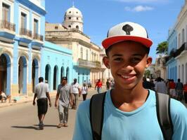 Kid enjoys a leisurely stroll through the vibrant city streets AI Generative photo