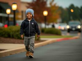 Kid enjoys a leisurely stroll through the vibrant city streets AI Generative photo