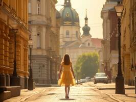 Kid enjoys a leisurely stroll through the vibrant city streets AI Generative photo