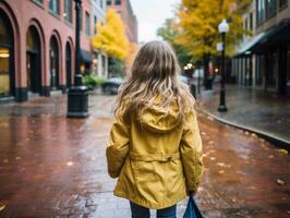 Kid enjoys a leisurely stroll through the vibrant city streets AI Generative photo