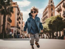 niño disfruta un sin prisa paseo mediante el vibrante ciudad calles ai generativo foto