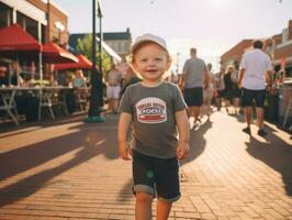 niño disfruta un sin prisa paseo mediante el vibrante ciudad calles ai generativo foto