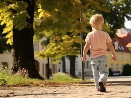 Kid enjoys a leisurely stroll through the vibrant city streets AI Generative photo