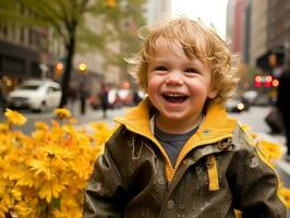 Kid enjoys a leisurely stroll through the vibrant city streets AI Generative photo