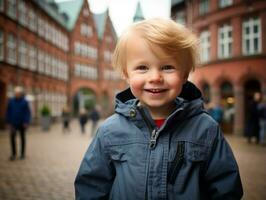 Kid enjoys a leisurely stroll through the vibrant city streets AI Generative photo