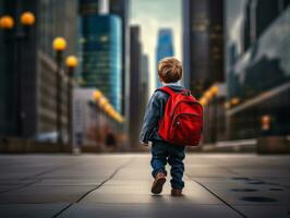 Kid enjoys a leisurely stroll through the vibrant city streets AI Generative photo