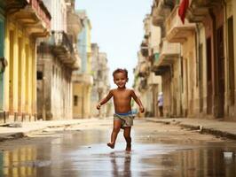 niño disfruta un sin prisa paseo mediante el vibrante ciudad calles ai generativo foto